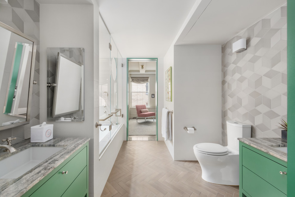 Photo of a contemporary bathroom in New York with gray tile, white walls, a corner tub, a shower/bathtub combo, a one-piece toilet, an open shower, a double vanity, a built-in vanity, wood benchtops, green benchtops and flat-panel cabinets.