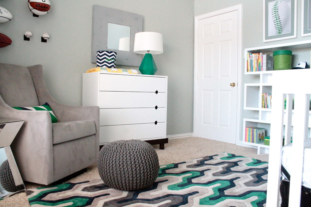 This is an example of a mid-sized contemporary gender-neutral nursery in Dallas with grey walls and carpet.