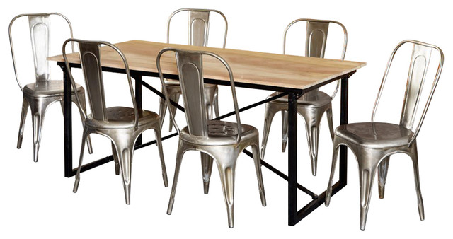 Cosmos Industrial 7-Piece Dining Table Set With Silver Metal Chairs