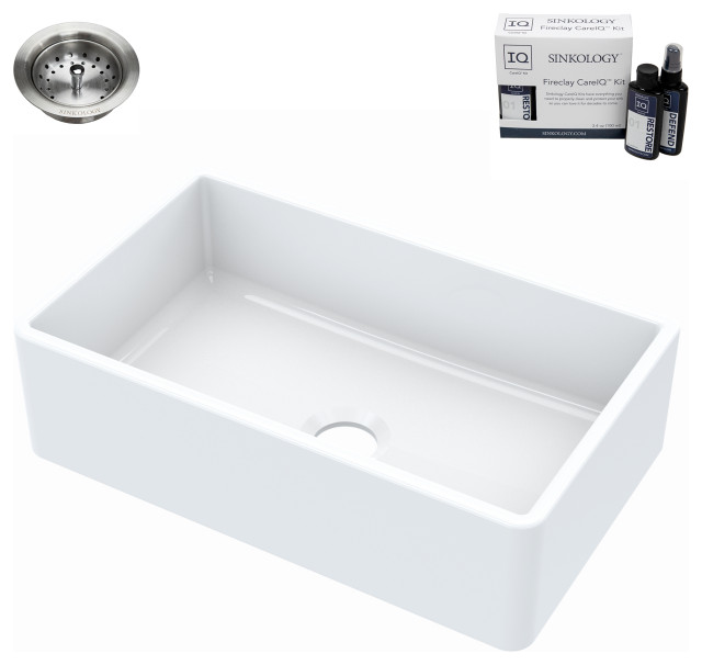 Turner Farmhouse Fireclay 30" Single Bowl Kitchen Sink, Crisp White, with Drain