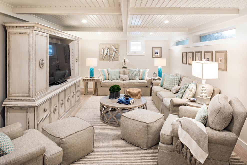 Beach style look-out light wood floor and beige floor basement photo in Boston with beige walls