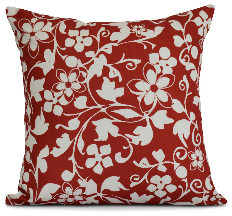 16x16", Evelyn, Floral Print Pillow, Red, 16"x16" Contemporary