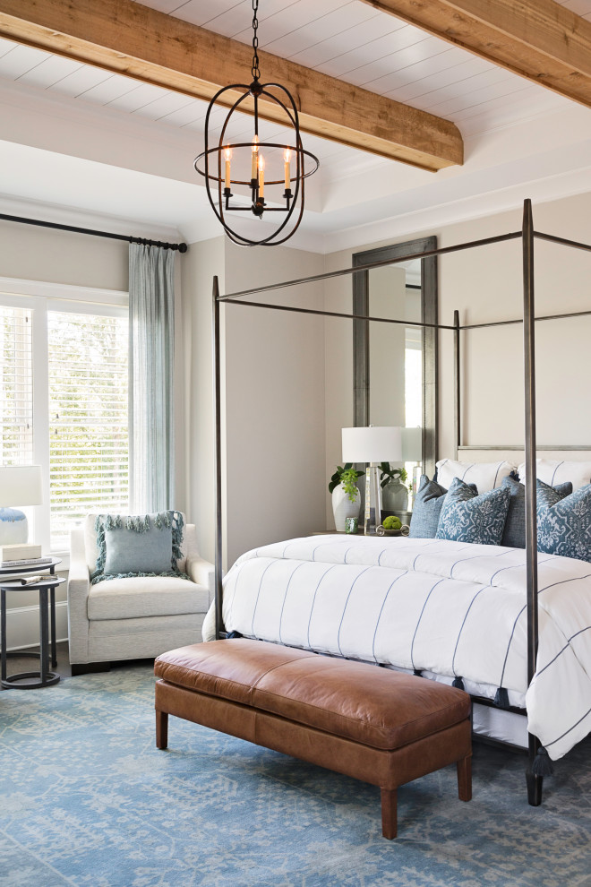 Transitional bedroom in Tampa with beige walls, dark hardwood floors and brown floor.