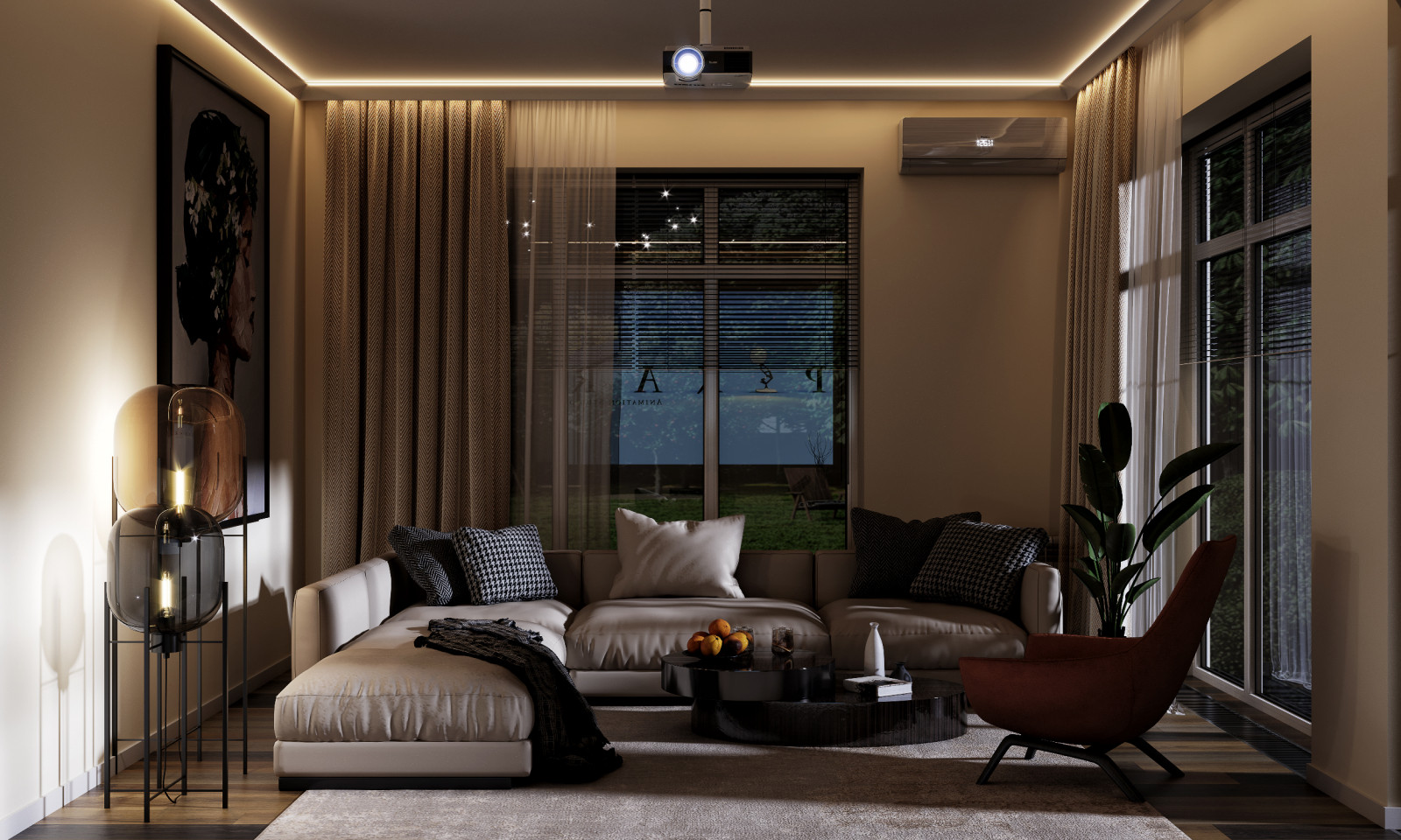 Ночные визуализации гостиной 30 кв.м. в современном стиле