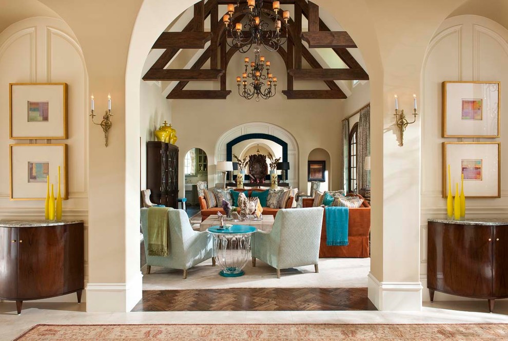 Inspiration for a large mediterranean enclosed living room in Dallas with beige walls.