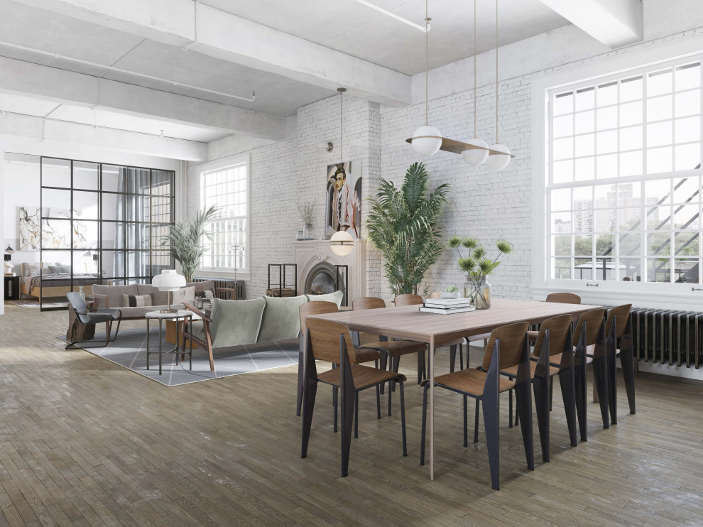 Photo of a large scandinavian open plan dining in New York with white walls, medium hardwood floors, a standard fireplace, a stone fireplace surround, beige floor, exposed beam and brick walls.