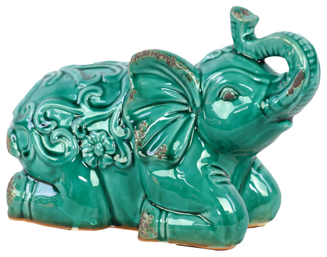 Ceramic Kneeling Trumpeting Elephant Figurine Contemporary
