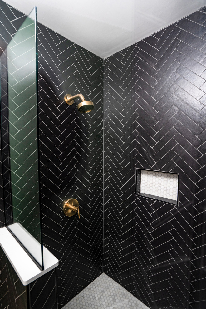 Example of a mid-sized minimalist 3/4 black tile vinyl floor alcove shower design in Other with green walls and a hinged shower door