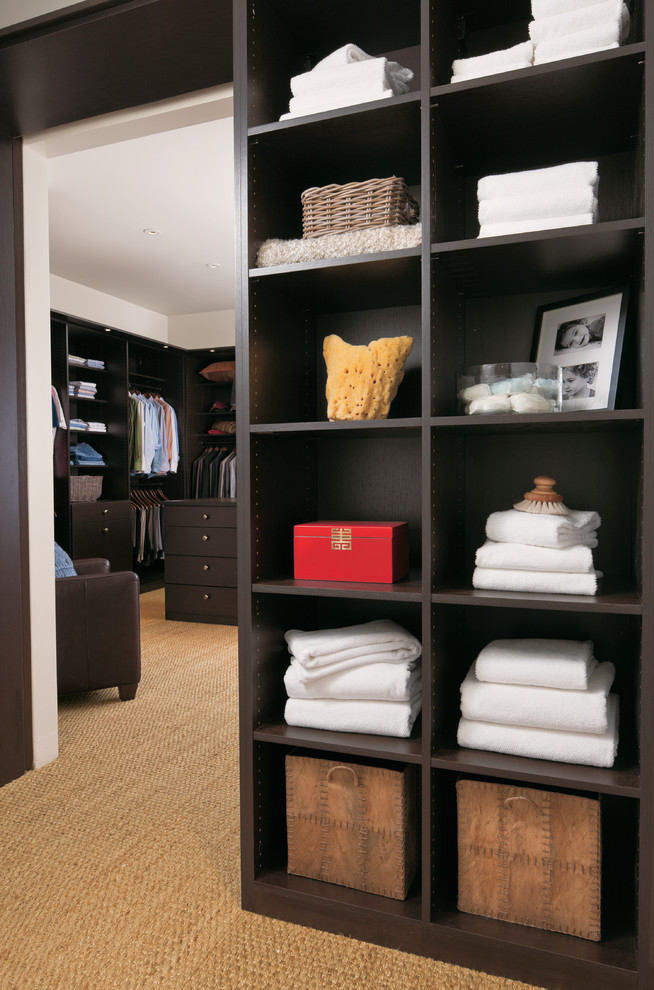 This is an example of a mid-sized contemporary gender-neutral walk-in wardrobe in Nashville with flat-panel cabinets, dark wood cabinets and carpet.