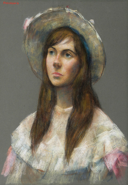 Thomas Strickland "Young Woman in Floral Dress" Pastel Drawing