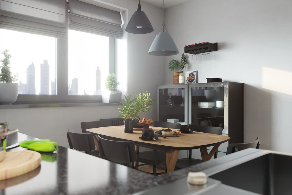 Позади стола находится зона буфета-бара со стеклянными дверцами с подсветкой.