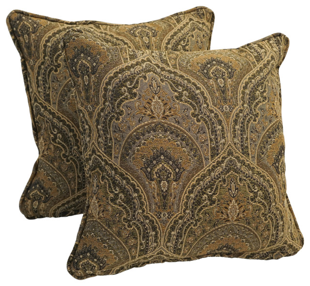 18" DoubleCorded Jacquard Chenille Square Throw Pillows Set of 2, Brown Peacock Mediterranean