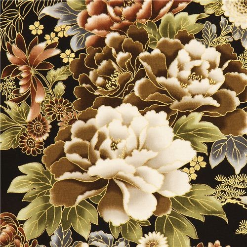 black Robert Kaufman fabric with Asian flowers & border