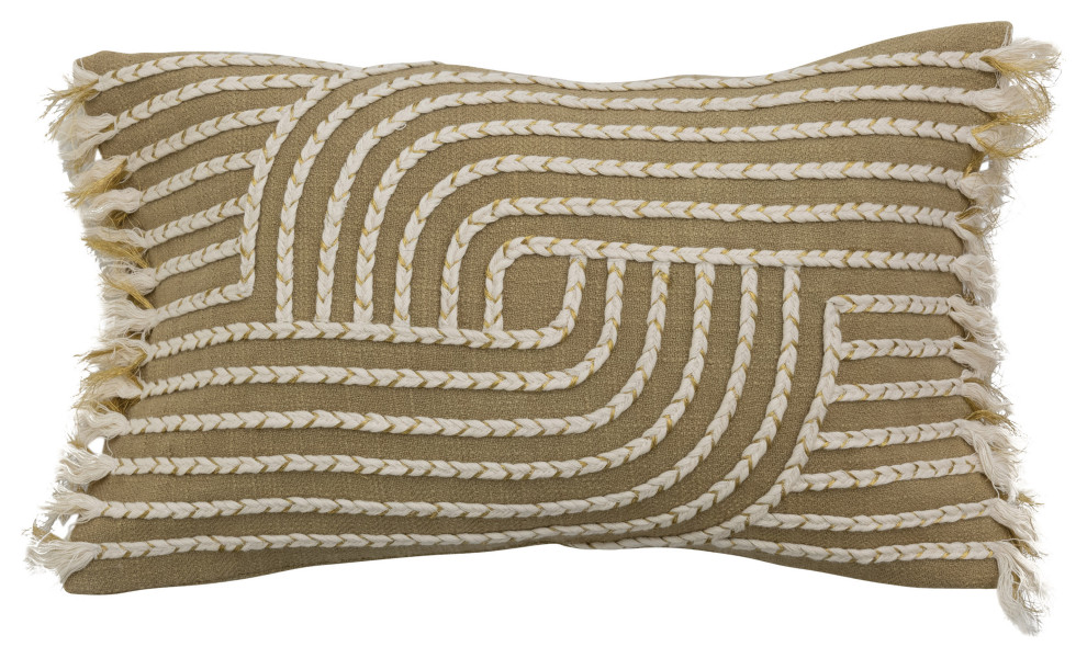 Cotton Slub Lumbar Pillow with Embroidery and Fringe, Multicolor