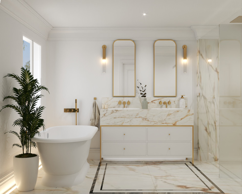 Photo of a large traditional master wet room bathroom in Berkshire with flat-panel cabinets, white cabinets, a freestanding tub, a wall-mount toilet, white tile, marble, white walls, marble floors, an undermount sink, marble benchtops, white floor, a hinged shower door, white benchtops, a niche, a double vanity and a freestanding vanity.