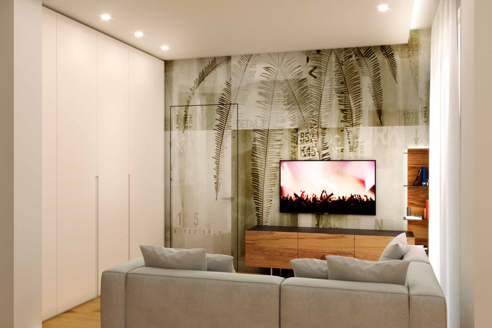 This is an example of a small modern open plan living room in Florence with grey walls, light hardwood flooring, a wall mounted tv, brown floors, a drop ceiling and wallpapered walls.