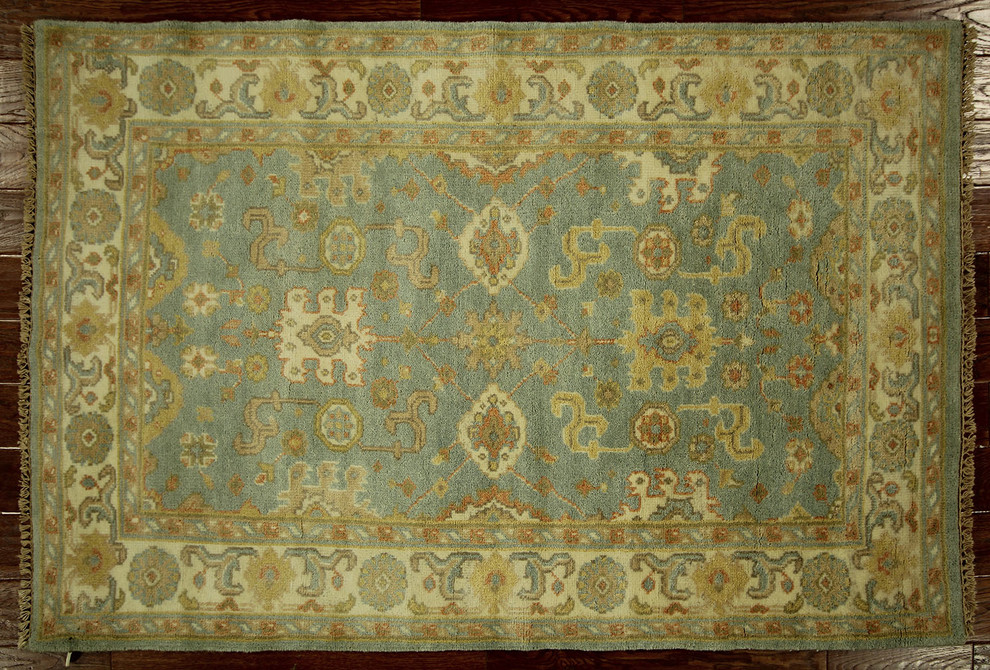 New Magnificent Soft Blue Oushak 4'x6' Hand Knotted Wool Geometric Art Rug H5597
