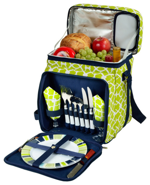 Picnic Basket/Cooler Equipped For 2, Trellis Green Contemporary