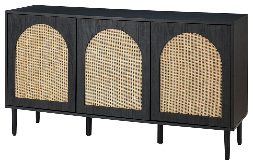 3-doors Modern Sideboard Cabinet With Rattan Design, Black