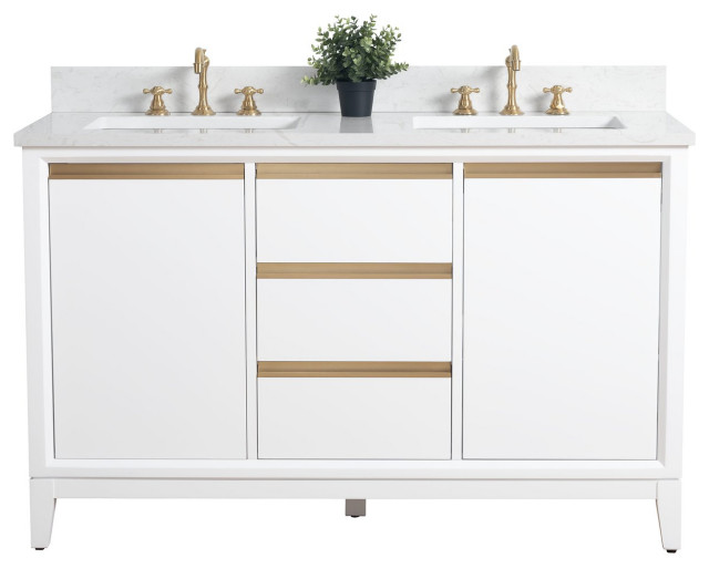 Bath Vanity, Sink, Engineered Marble Top, White, 54", Double Sink