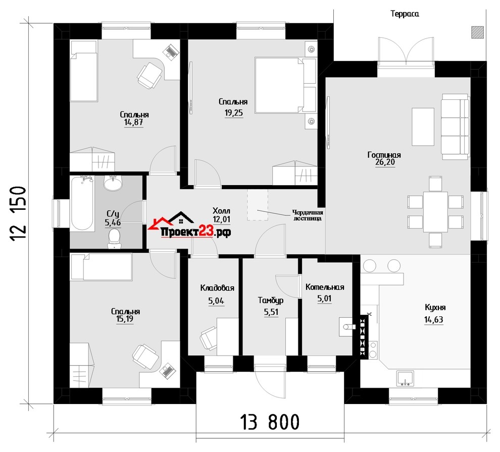 Проект 271 Одноэтажный дом с тремя спальнями
