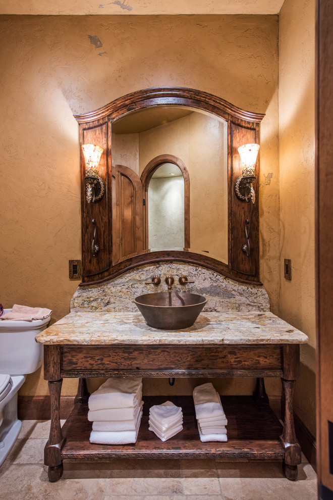 This is an example of a small country 3/4 bathroom in Other with a vessel sink, medium wood cabinets, granite benchtops, beige walls, a two-piece toilet, ceramic floors and open cabinets.