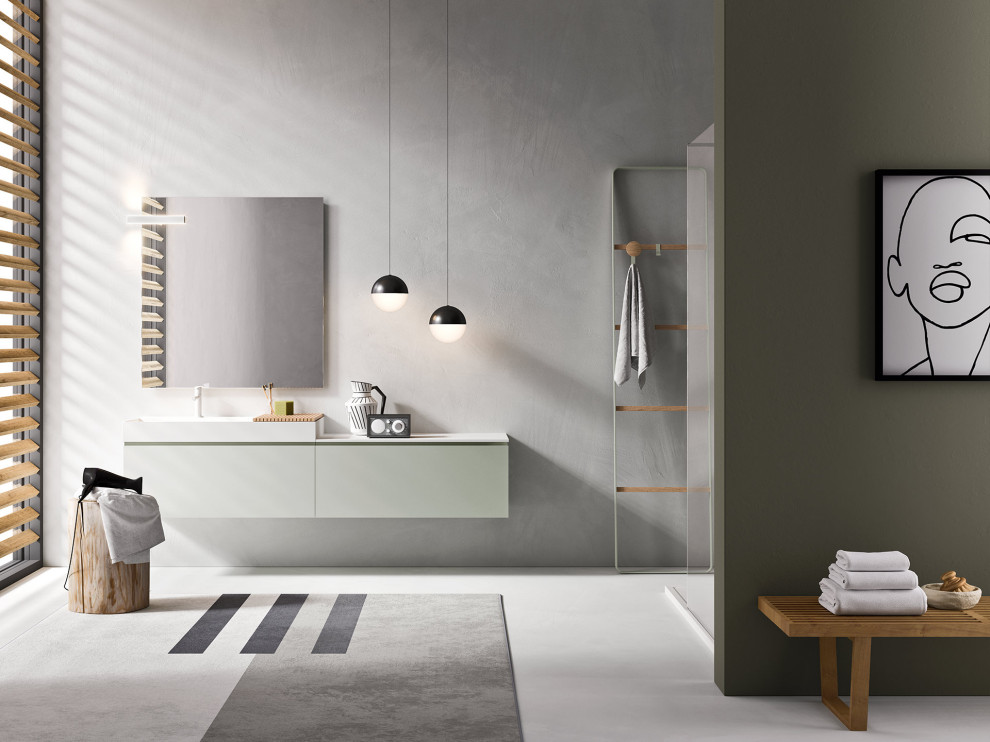 Cette image montre une salle de bain minimaliste avec un mur gris, un sol en carrelage de porcelaine, un lavabo posé, un plan de toilette en surface solide, un sol blanc, aucune cabine et un plan de toilette blanc.