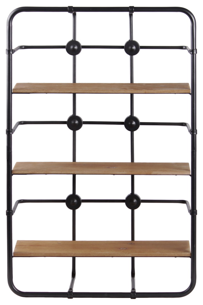Rectangle Metal Wall Shelf, 3 Tiers, Wooden Surface, Coated Gunmetal
