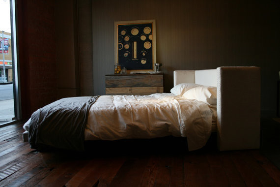 White Fabric Platform Bed With Vintage Nails by Robrray