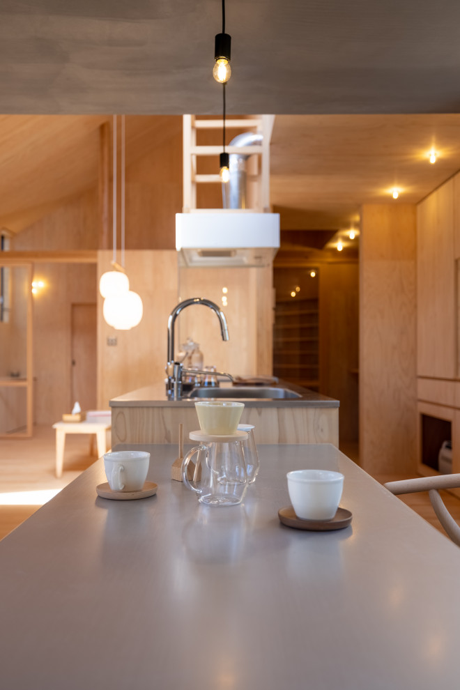 На фото: гостиная-столовая среднего размера в стиле модернизм с серыми стенами, пробковым полом, серым полом, деревянным потолком и деревянными стенами без камина