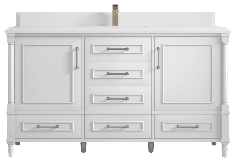 Aberdeen 60 Single Bathroom Vanity in White 1.5" White Quartz Transitional Bathroom Vanities
