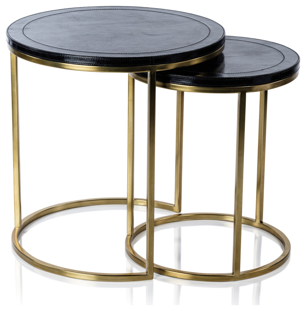 Harlow Leather on Brass Nested Tables, Set of 2 Contemporary Coffee