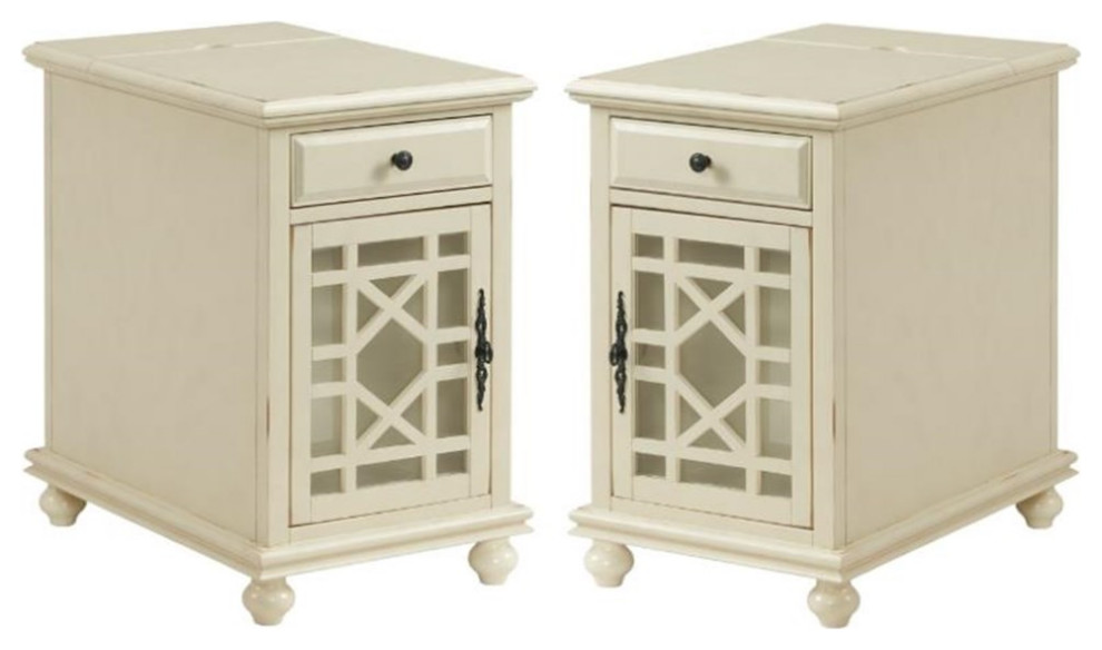 Home Square Elegant Chairside Table in Power Antique White Set of 2