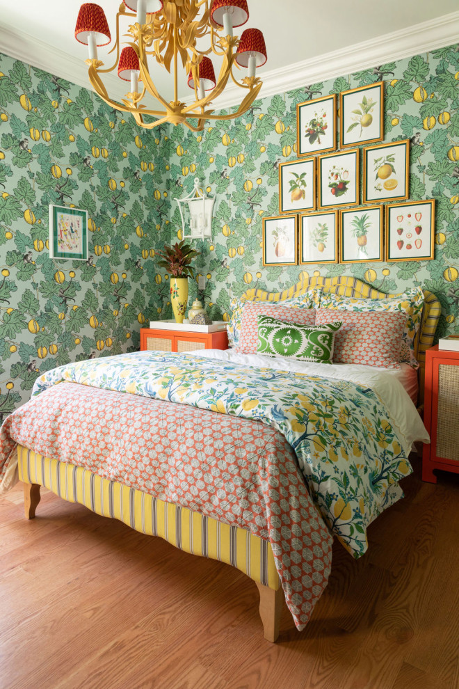 Contemporary bedroom in Chicago with green walls, medium hardwood floors, brown floor and wallpaper.