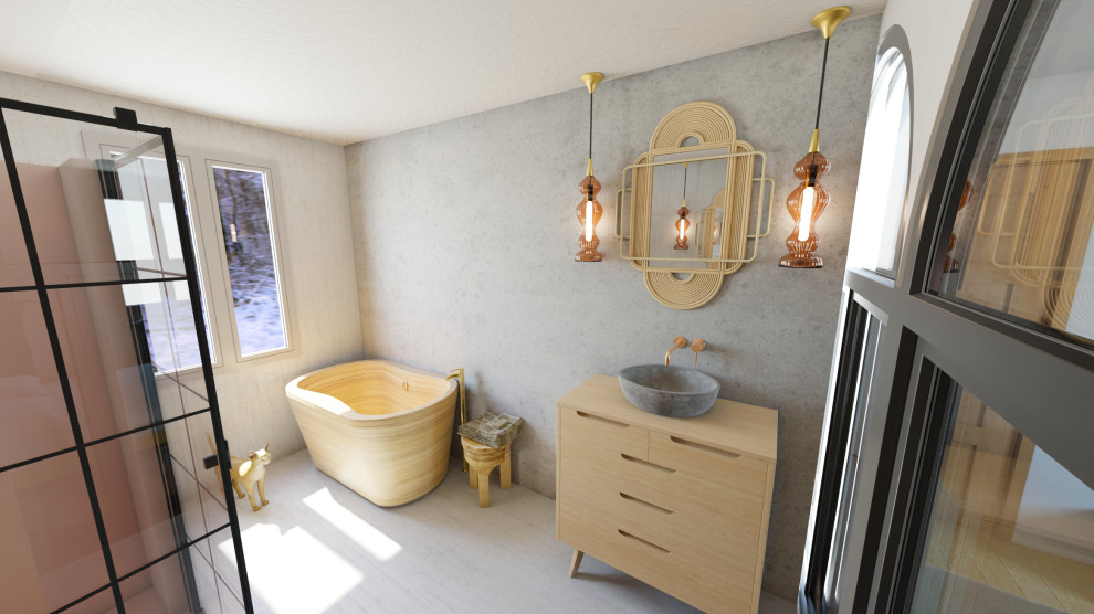Свежая идея для дизайна: большой совмещенный санузел с японской ванной, душем без бортиков, инсталляцией, розовой плиткой, плиткой мозаикой, серыми стенами, бетонным полом, раковиной с несколькими смесителями, столешницей из дерева, серым полом, душем с распашными дверями и коричневой столешницей - отличное фото интерьера