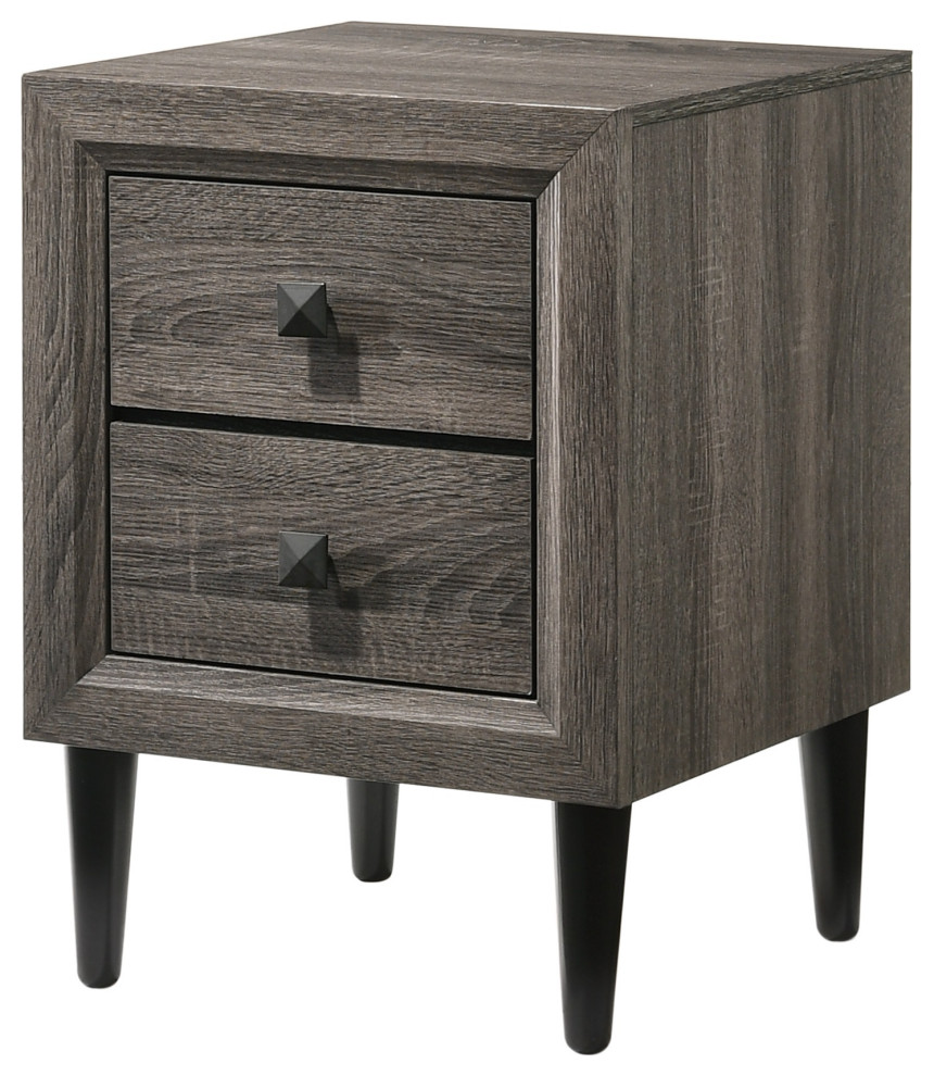Benzara Wooden Night Table with 2 Drawers and Tapered Legs, Gray and Black