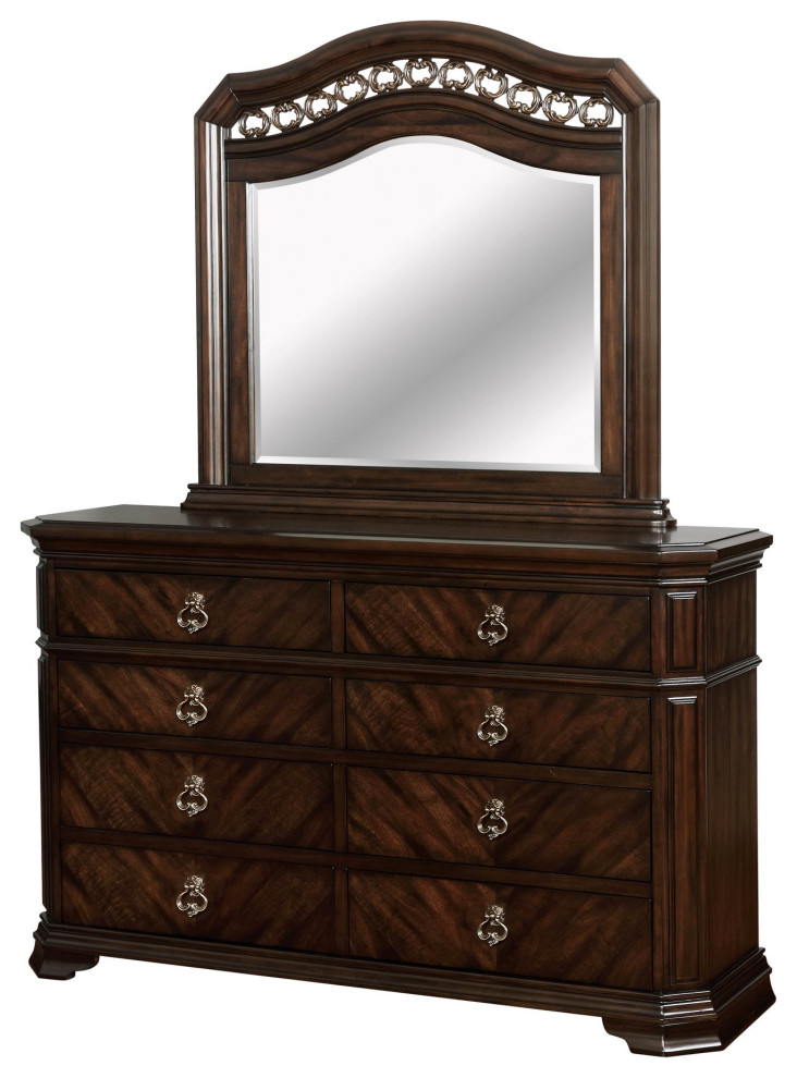 Traditional Dresser With Scrolled Mirror, 8 Drawers With Antique Pulls