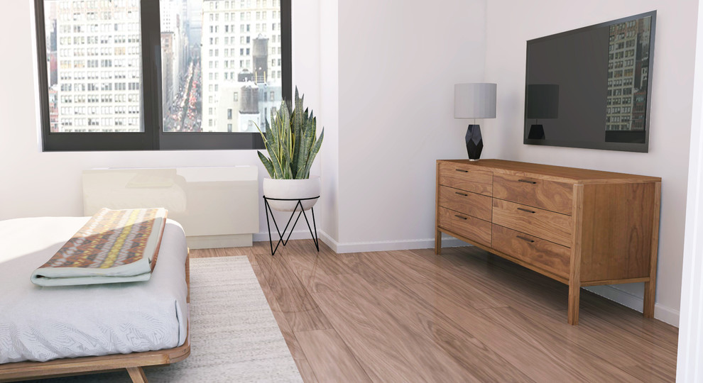 Inspiration for a small 1960s master medium tone wood floor bedroom remodel in New York with gray walls and no fireplace