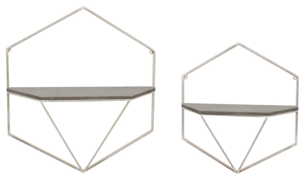 2Piece Set Metal/Wood Hexagon Wall Shelves, White/Gray Contemporary