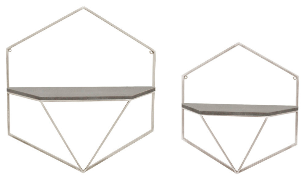 2-Piece Set Metal/Wood Hexagon Wall Shelves, White/Gray