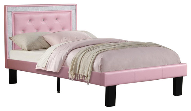 Benzara BM168652 Wooden Full Bed With Pink PU Tufted Head Board, Pink Finish