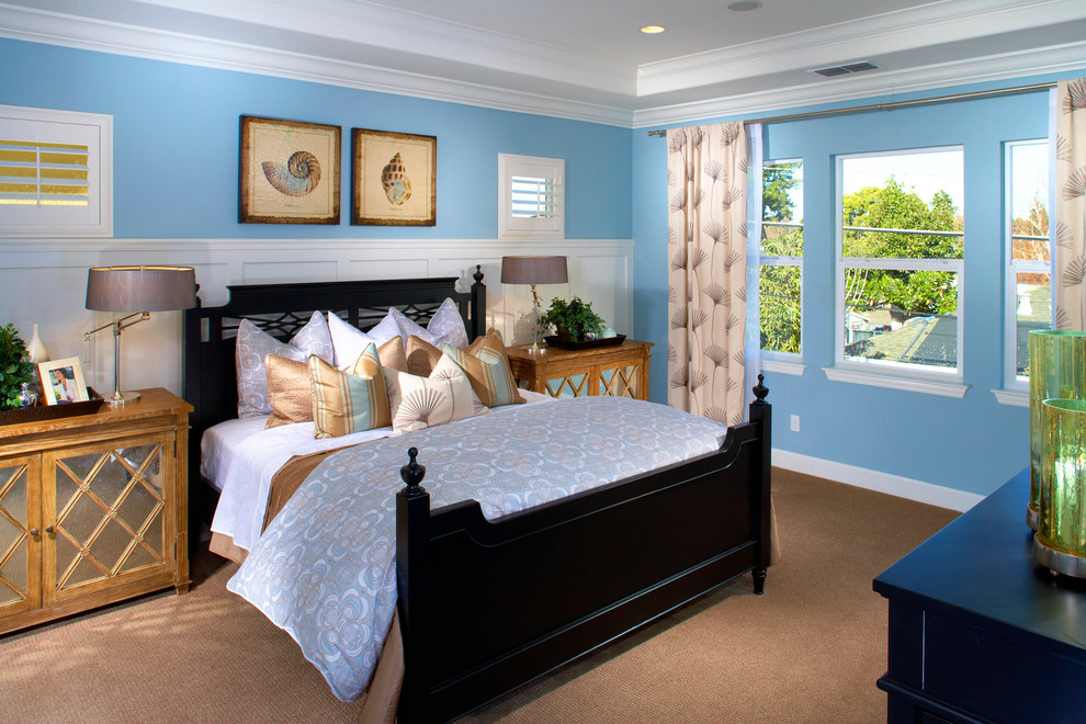 Design ideas for a large transitional master bedroom in San Francisco with blue walls and carpet.