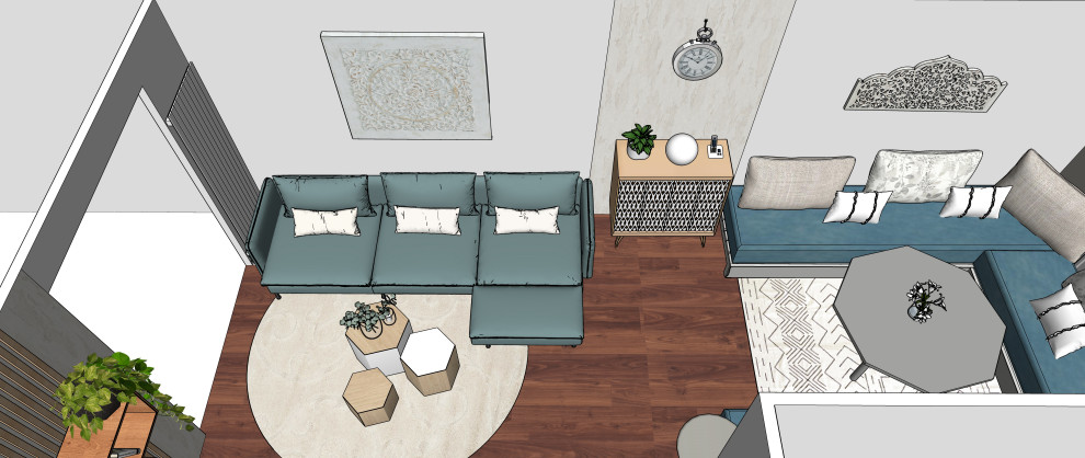 Modelo de sala de estar abierta escandinava grande sin chimenea con paredes blancas, suelo de madera oscura, televisor independiente y suelo marrón