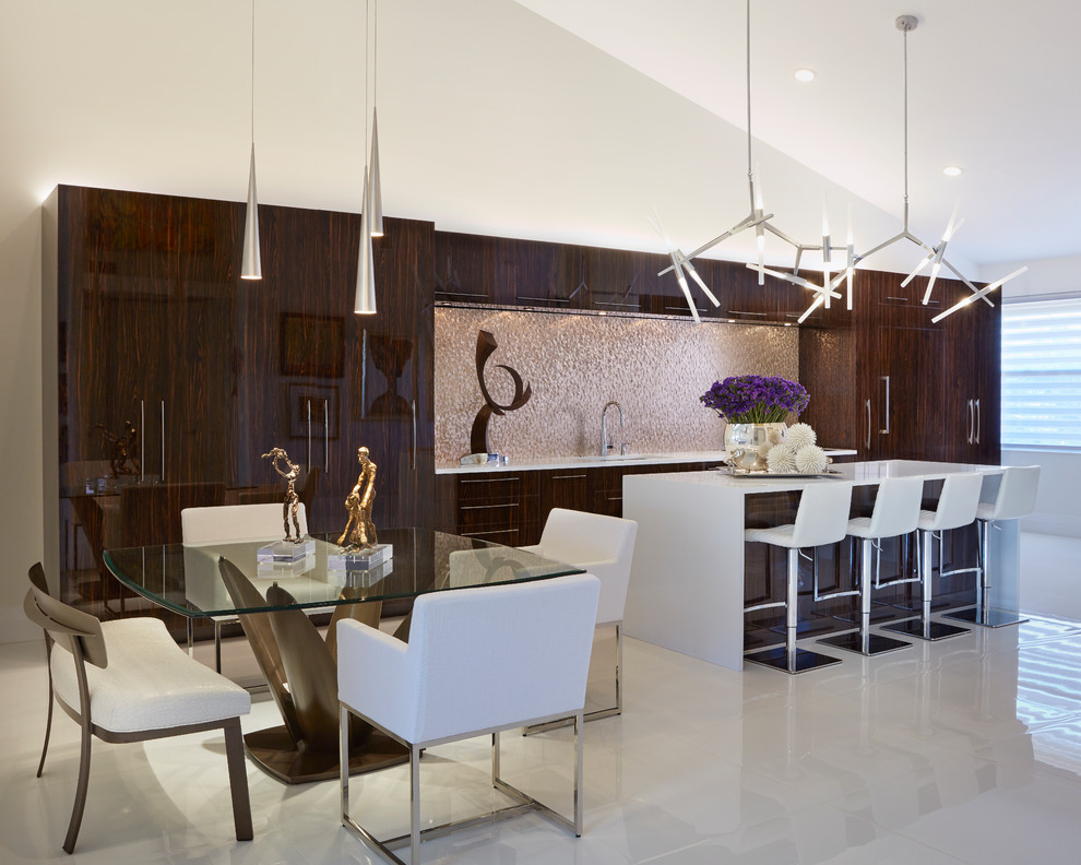 Photo of a large contemporary single-wall kitchen in Miami with an undermount sink, flat-panel cabinets, dark wood cabinets, panelled appliances, with island, white floor and white benchtop.