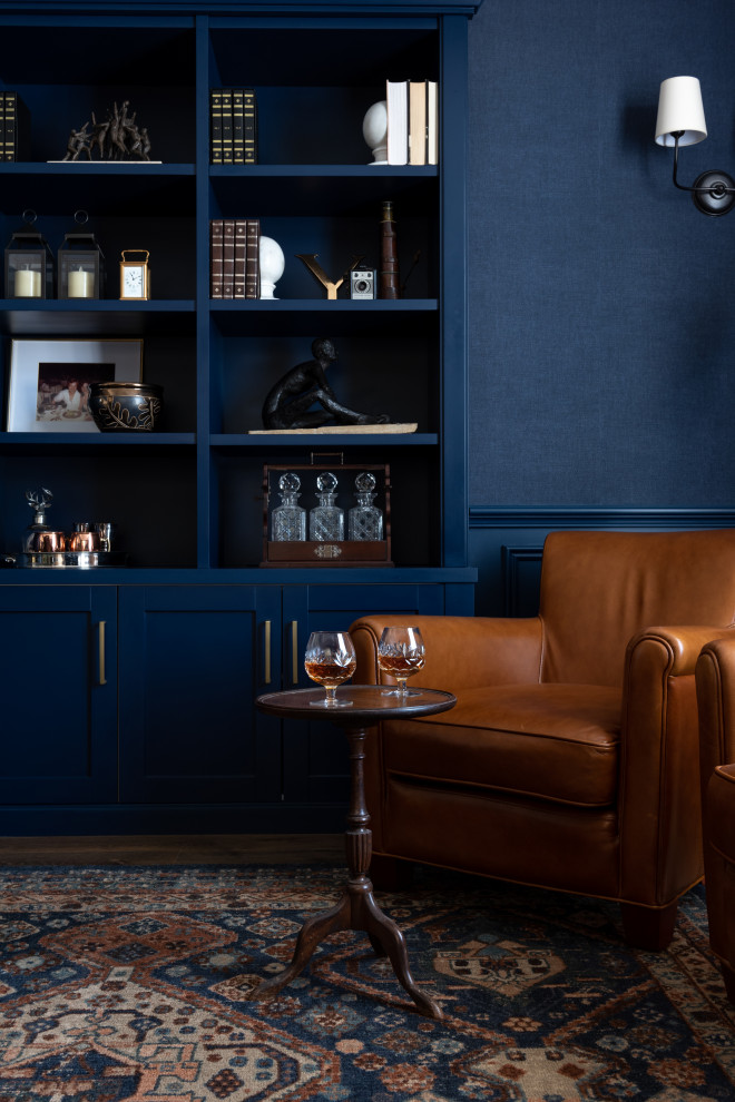 Photo of a beach style living room in Perth with blue walls and laminate floors.