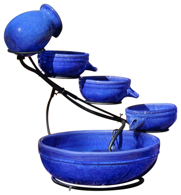 Blue Ceramic Outdoor Cascading Fountain Bird Bath With Solar Pump