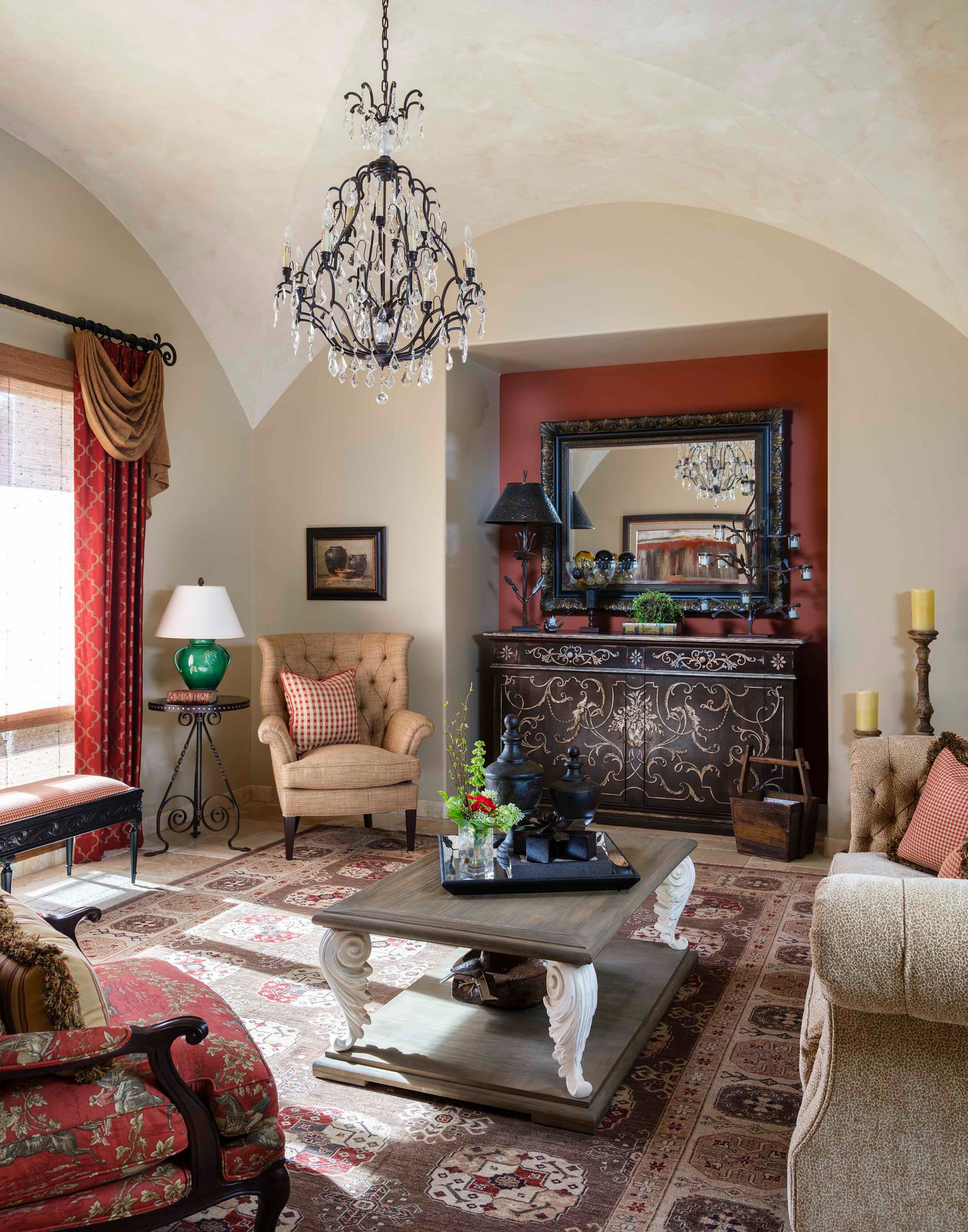 Example of a tuscan travertine floor living room design in Phoenix with beige walls