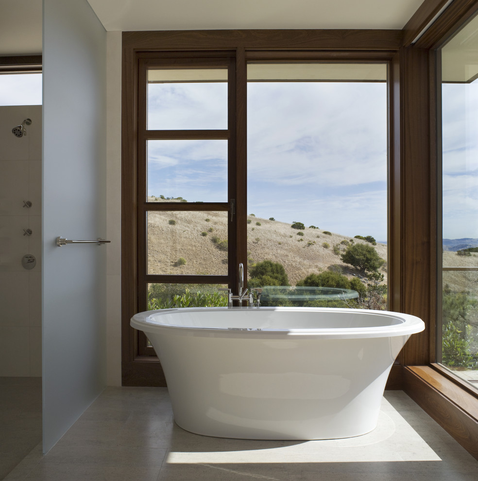 Contemporary bathroom in San Francisco with a freestanding tub.