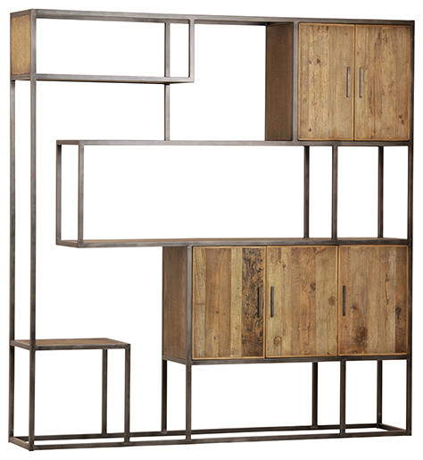 79x83 Wood and Iron Wall Unit with Cabinets