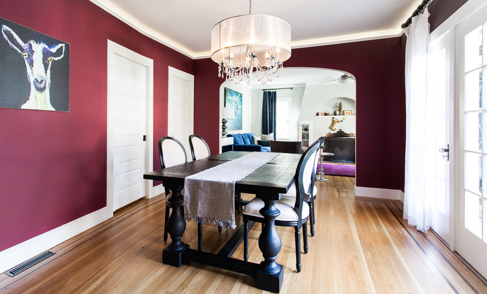 Inspiration for a mid-sized eclectic separate dining room in Sacramento with red walls, medium hardwood floors, no fireplace and brown floor.